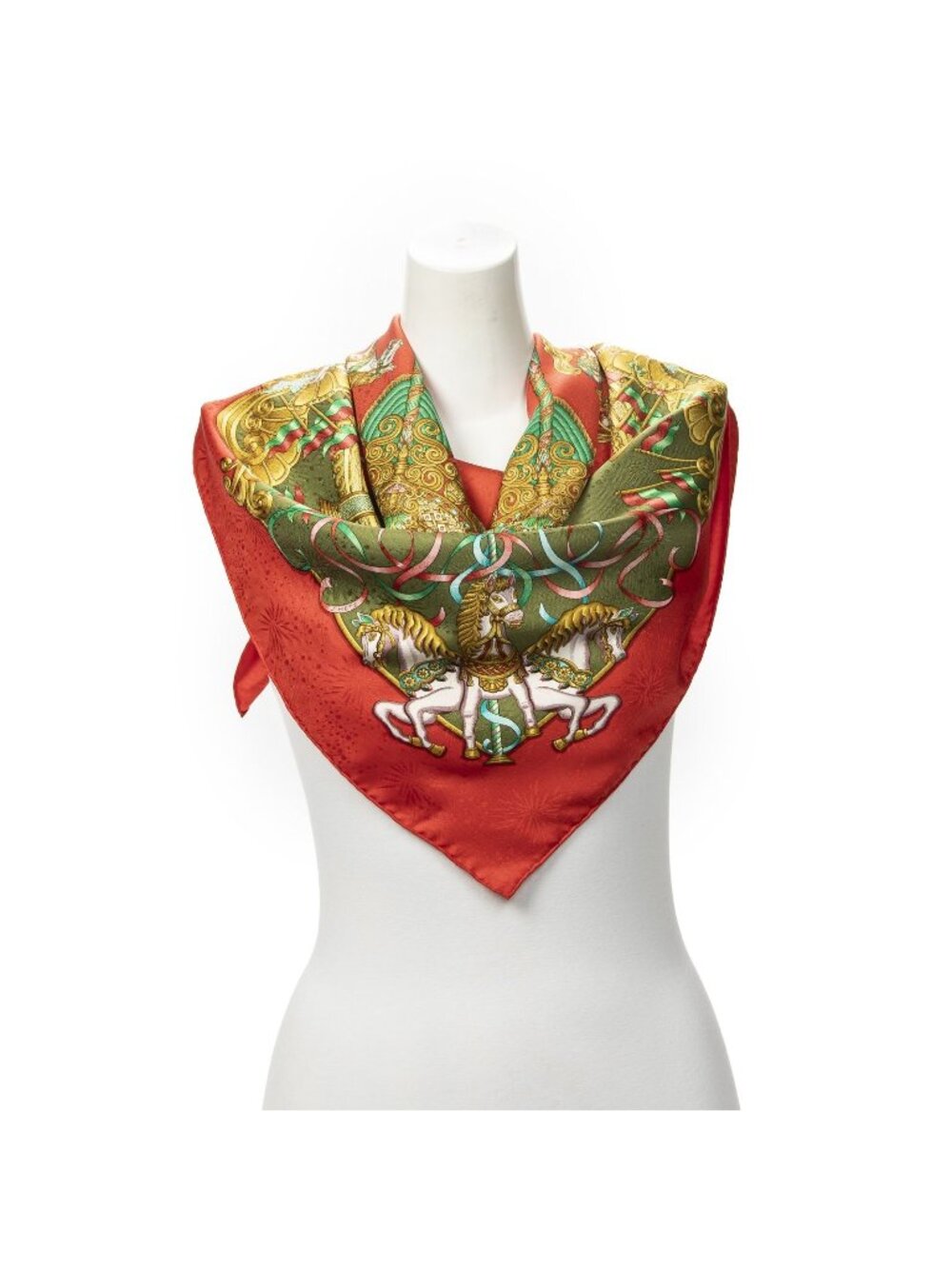 Hermes Scarf Red Green Gold 100% Jacquard Silk - Picture 1 of 5